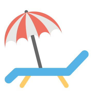 Bir mavi renk plaj sandalyesini tarafında kırmızı şemsiye ile