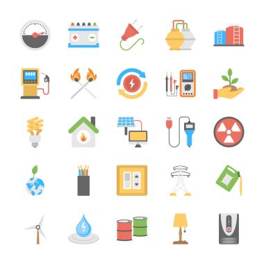 Düz güç ve enerji Icons Set 