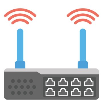 Anten, arka görünümü ile wifi yönlendiricisinin düz tasarım simgesi. Kablosuz teknoloji aygıt