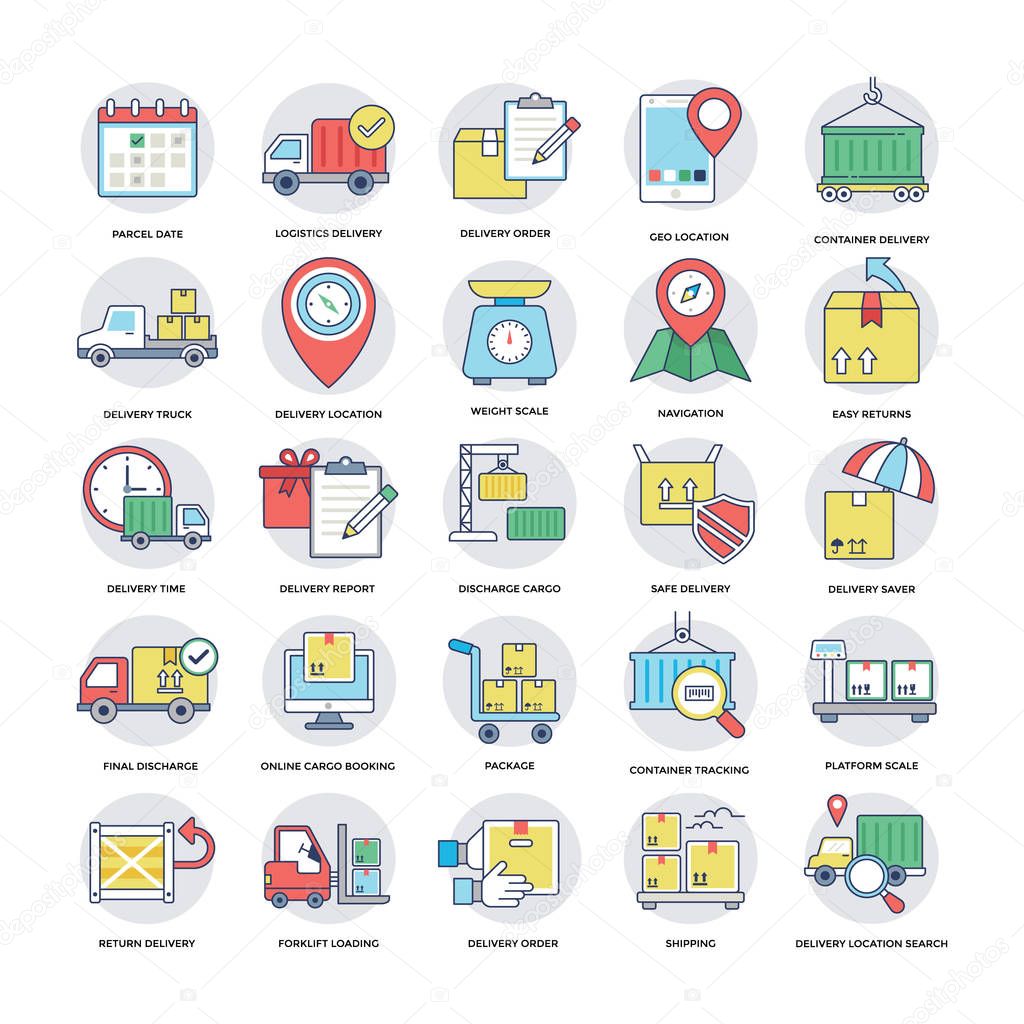 Coloured Flat Vector Icons of Logistics Delivery 