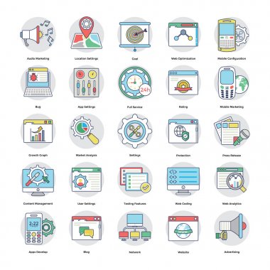 Dijital ve Internet pazarlama düz simgeler koleksiyonu 