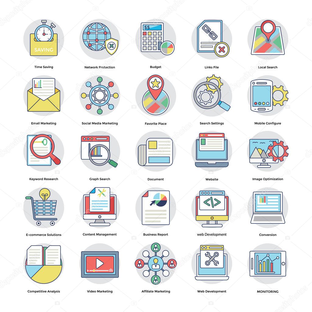 Pack Of Flat Digital and Internet Marketing Icons