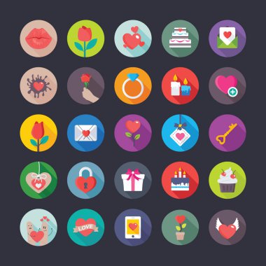Aşk ve Sevgililer renkli düz simgeler kümesi