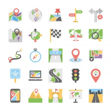 Haritalar ve gezinti düz Vector Icons Set 