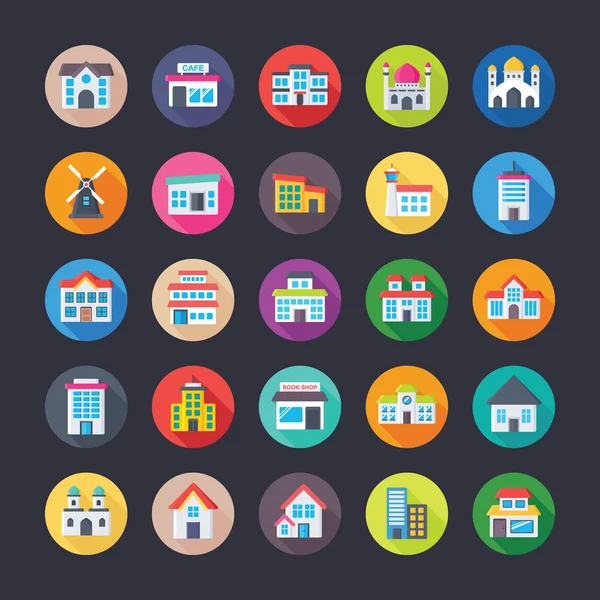 Colourful Flat Icons Set Buildings — Stock Vector