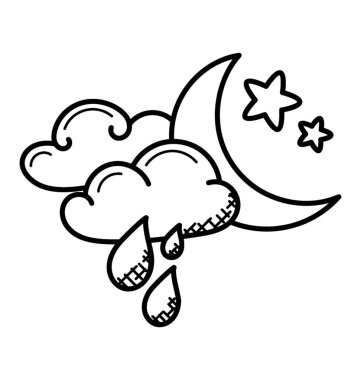 Gece yağmur. Bulutlar, yağmur, yıldız güzel bir karışımı ve ay, doodle vektör 