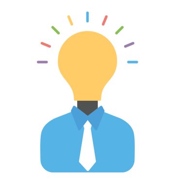 Bir kişi ile yaratıcı fikirli kişi, düz simgesini temsil eden bir ampul