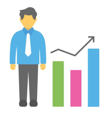Büyüme grafik, işadamı büyüme düz kutsal kişilerin resmi yanında duran bir kişi 