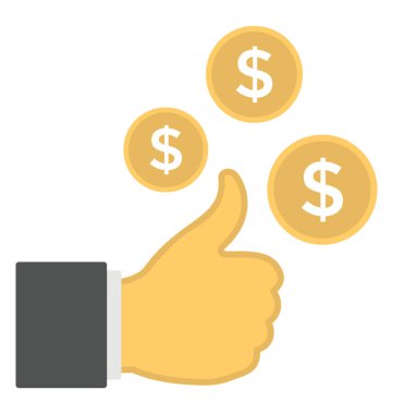 Başparmak yukarıya ve dolar işareti para maskot temsil eden düz simgesi tasarım