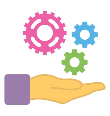 Entegrasyon düz simgesi bayraklarında cogwheels tutan bir el