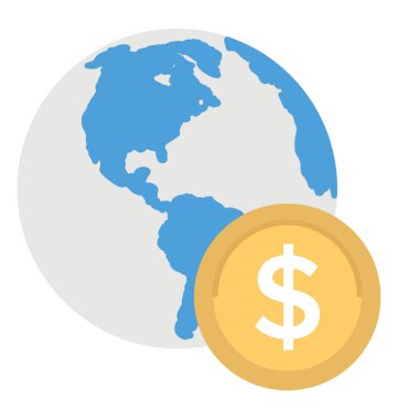 Bir dünya ve bir dolar bayraklarında küresel satın alma online düz simgesi sikke