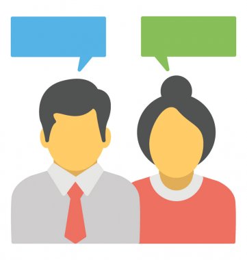 Erkek ve kadın avatarları sohbet kabarcıkları ile. Sohbet, tartışma veya iletişim kavramı. Düz simgesi 