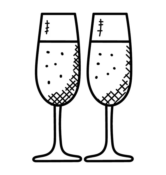 Champagne Llenó Dos Copas Delgadas Una Lado Otra Doodle Vector — Archivo Imágenes Vectoriales