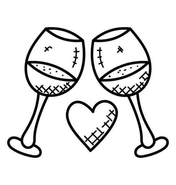 Two Wine Glasses Having Toast Heart Icon Middle Doodle Vector — Stock Vector