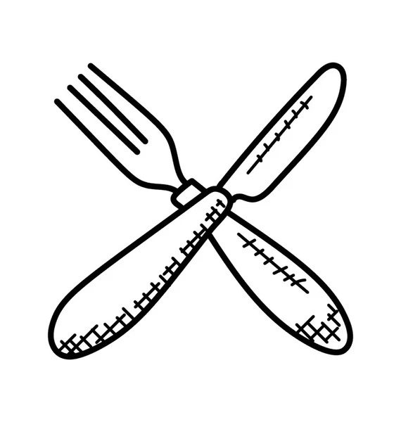 Nůž Vidličku Příbory Cross Design Doodle Ikonu — Stockový vektor