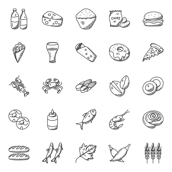 Doodle Icons Coleção Itens Alimentares — Vetor de Stock