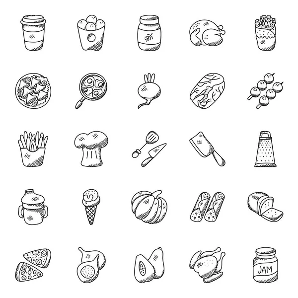 Alimentos Utensilios Cocina Doodle Iconos — Vector de stock