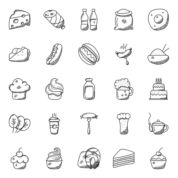 Pacote Alimentos Bebidas Doodle Icon — Vetor de Stock