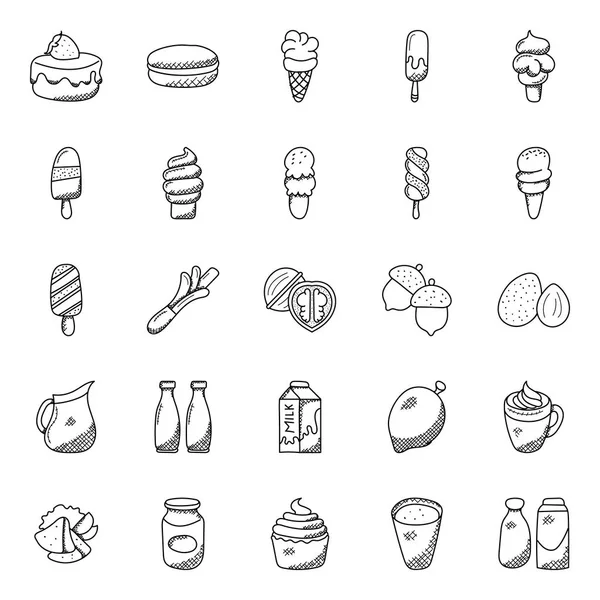 Conjunto Alimentos Sobremesas Ícones Desenhados Mão — Vetor de Stock