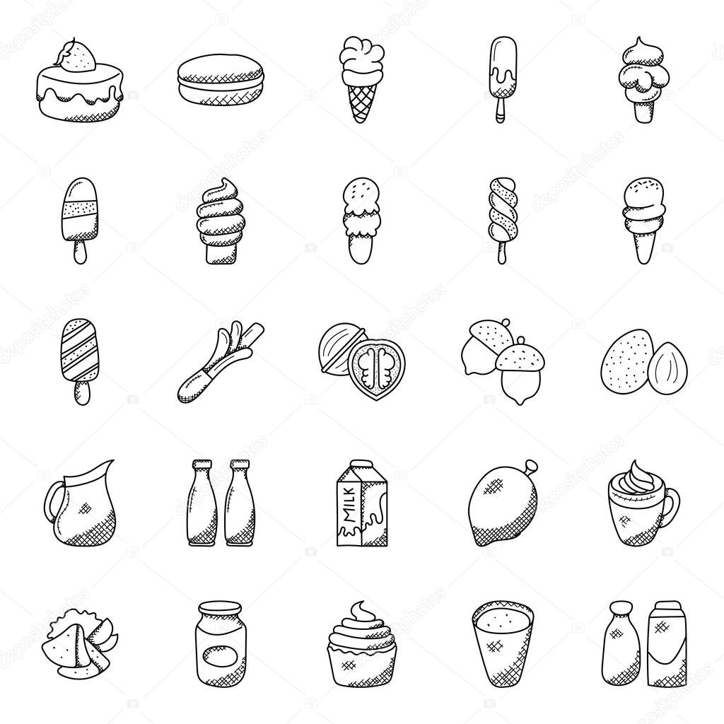 Set Of Food and Desserts Hand Drawn Icons