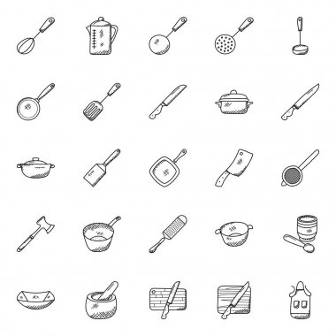 Mutfak mutfak eşyaları Doodle simgeler paketi