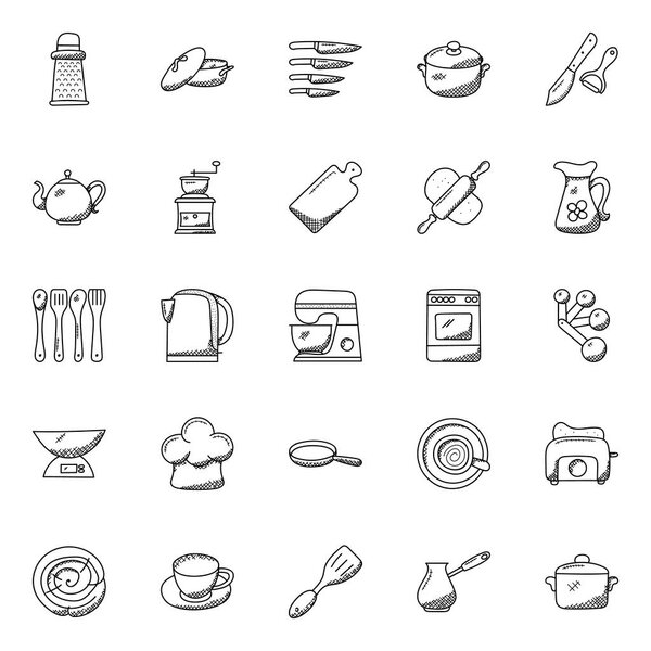 Kitchen Utensils Doodle Icons Set