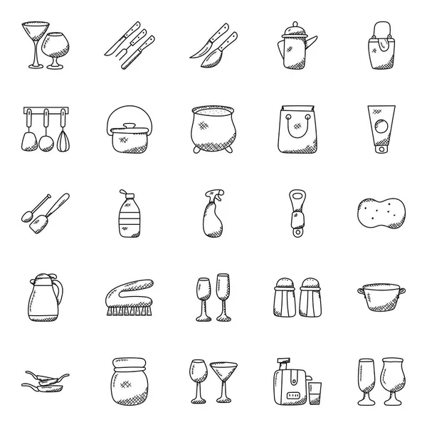 Set Kitchen Utensils Doodles — Stock Vector