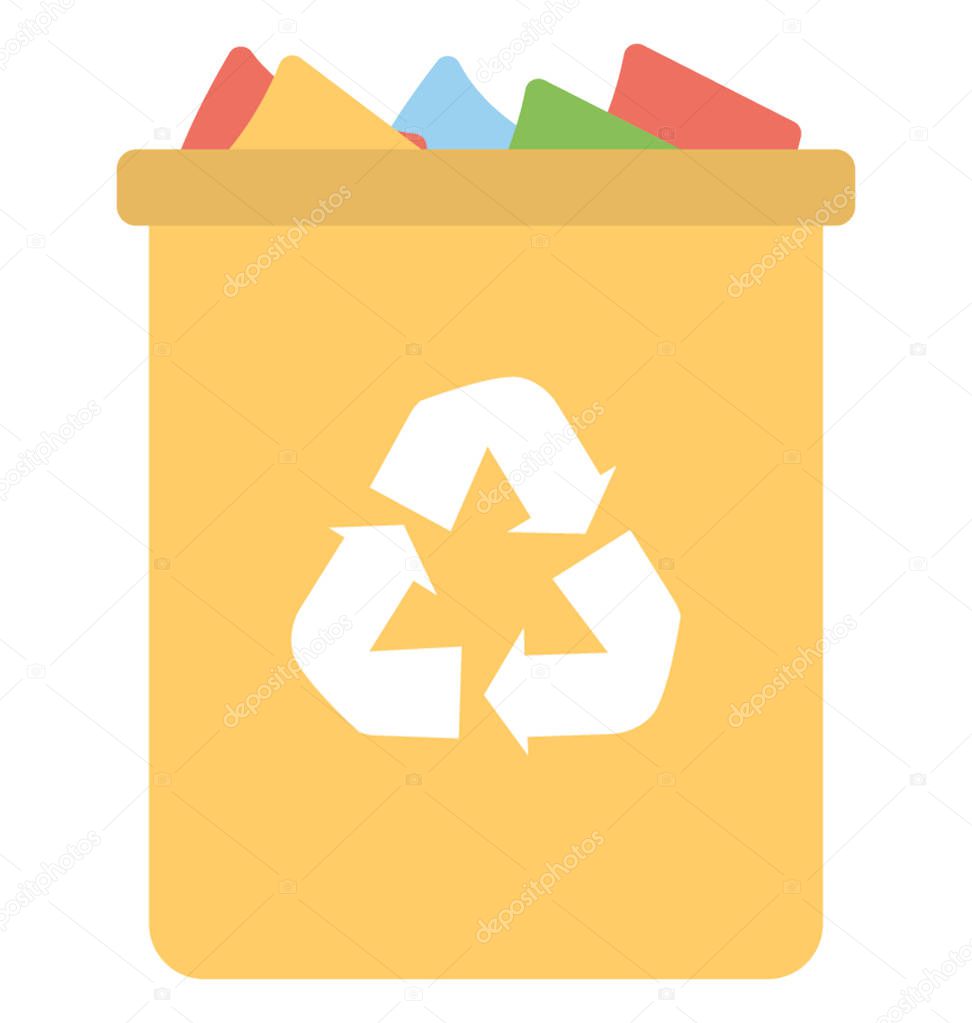Flat icon of a yellow recycling bin full of objects