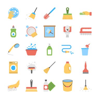 Bulaşık yıkama ve döşeme silgiç düz Icon Set