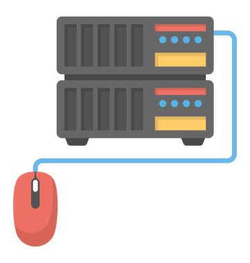 Sunucu bilgisayar. Düz vektör simgesi bir sunucuya bağlı bilgisayar fare 