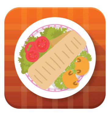 Düz tasarım simgesi yemek tabağı, biftek domates ve salata, düz simgesi