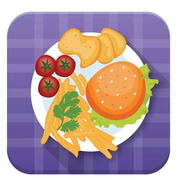 Ein Teller Mit Mahlzeit Burger Nuggets Tomaten Und Pommes Flaches — Stockvektor