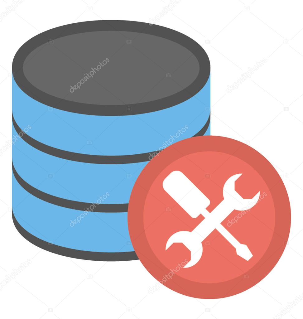 Database with tools, concept of database maintenance, flat vector icon 