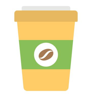 Tek kullanımlık kahve fincanı kahve çekirdeği üzerine, düz vektör simgesi ile 