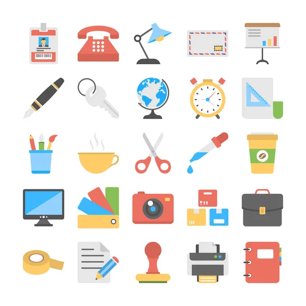 Office Stationery Flat Vector Icons Collection — Stock Vector