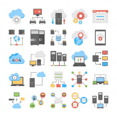 Web Hosting ve bulut depolama düz vektör simgeler