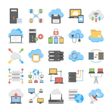 Web Hosting ve bulut teknoloji düz vektörler kümesi