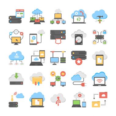 Web Hosting ve bulut bilgisayar düz simgeler paketi