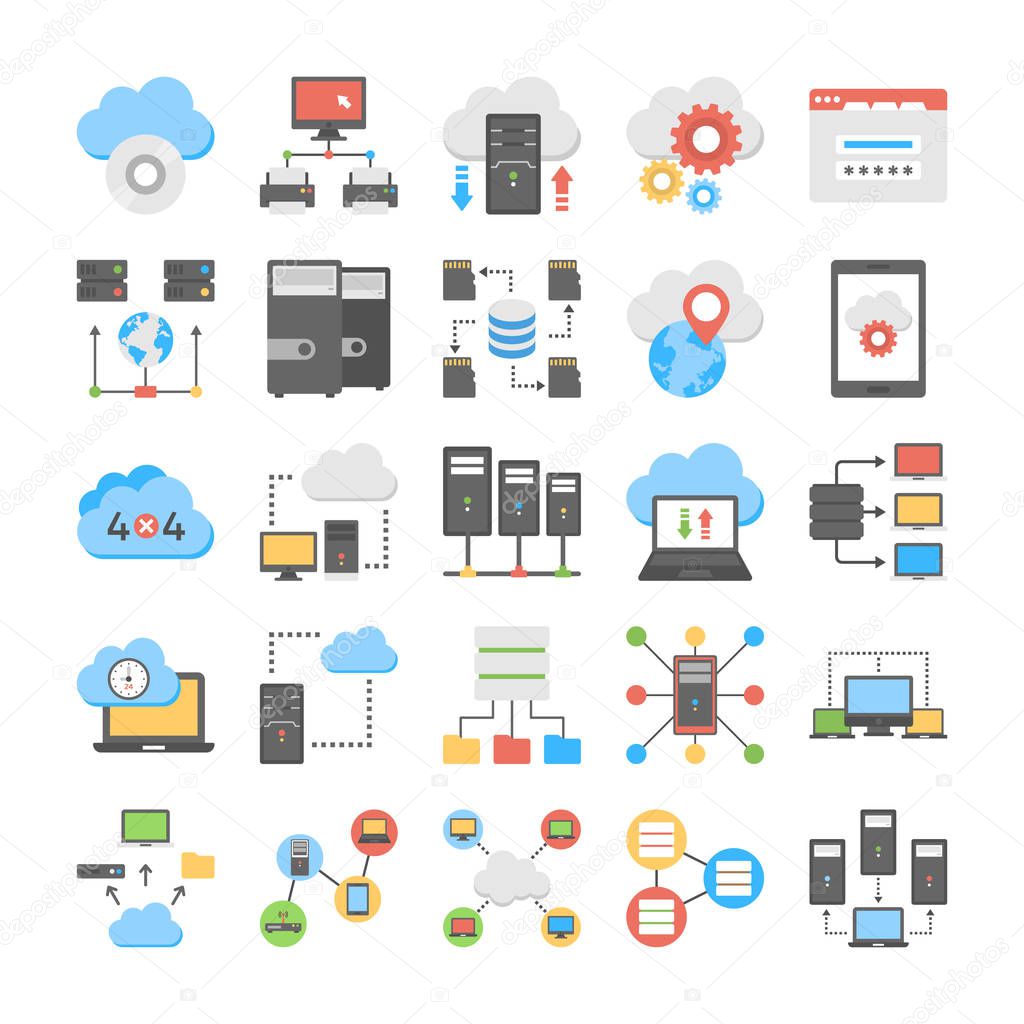 Web Hosting And Cloud Storage Flat Vector Icons