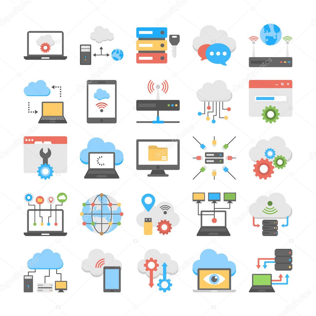 Collection Of Cloud Computing and Web Hosting Flat Icons