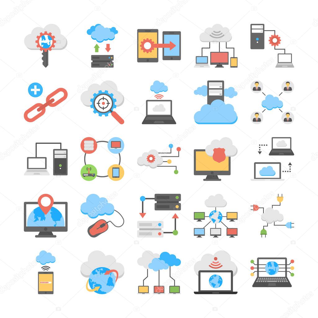 Web Hosting and Cloud Computing Flat Vector Icons 