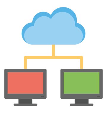 Two computer monitors with a cloud network representing cloud computing clipart