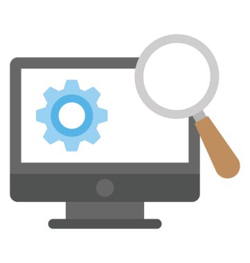 Ekran büyüteç ile dişli, test veya bilgisayar bakım düz tasarım simgesi ekran