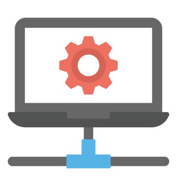 Karikatür ve bağlantılı ağ ağ yönetimi temsil eden ile dizüstü bilgisayar ekranı