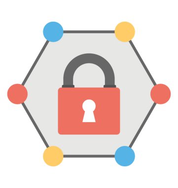 Bağlantı düğümleri içinde asma kilit, güvenli ağ kavramı düz simgesi