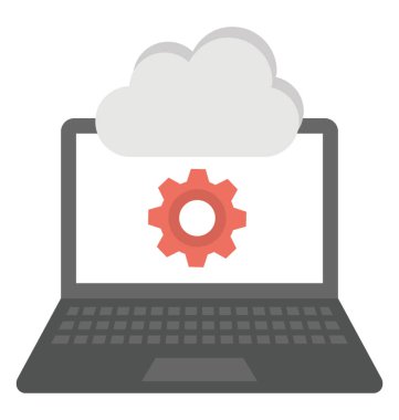 Altında bulut dişli, bulut bilgi işlem düz simgesi ile bir dizüstü bilgisayar monitörü