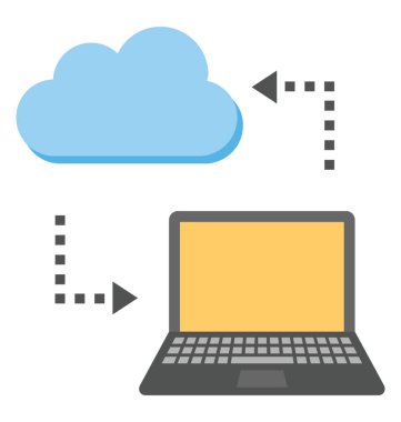 Bir dizüstü bilgisayar ve bulut alışverişi veya eşitleme veri düz simgesinin