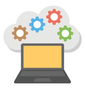 Dişliler bir dizüstü bilgisayar, düz simgesi üzerinde bir bulutla temsil simgesi bulut