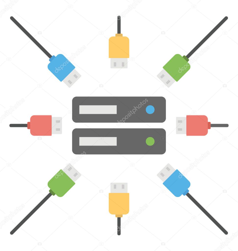 Network switches with cables and server connections flat icon