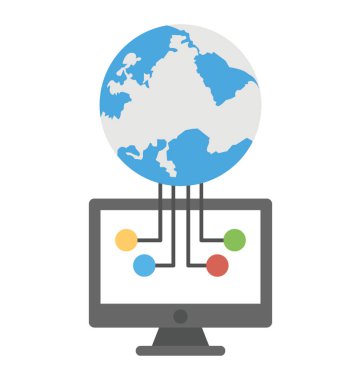 Monitör, dünya çapında web bağlantı düz simgesi ile bağlı bir küre